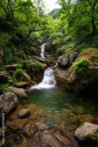 Lush waterfall cascading through a rocky mountain glen