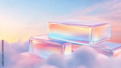 Pastel Gradient Glass Blocks Floating in Soft Cloudy Sky