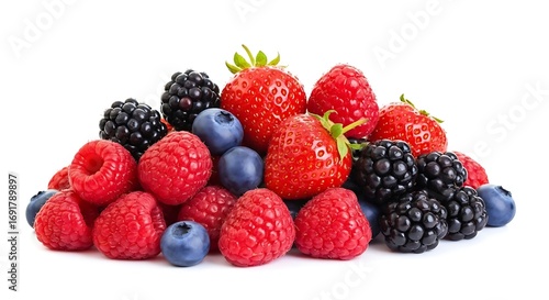 A vibrant pile of fresh mixed berries on a white background