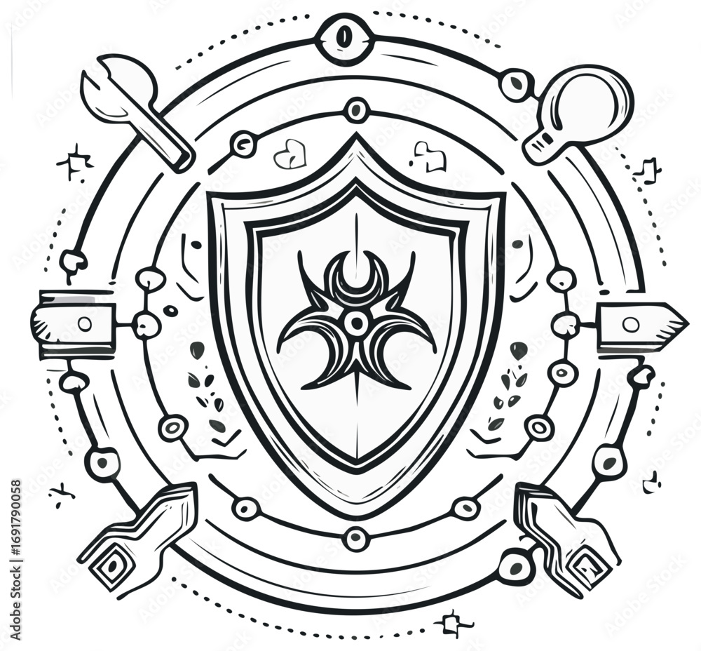 Obraz premium Monochrome Emblem with a Shield and Stylized Symbols Depicting Alchemy Science and Protective Measures