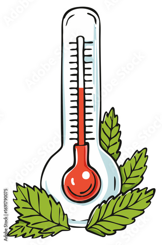 Medical Thermometer Cartoon with High Temperature Reading Surrounded by Mint Leaves