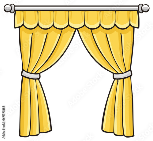 Cartoon illustration of yellow curtains on a rod isolated, providing window treatment