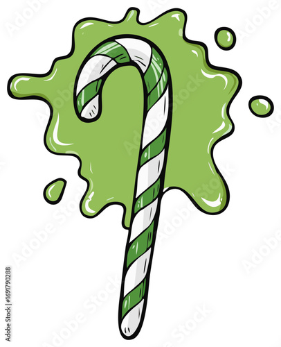 Holiday candy cane dripping green slime and bubbles illustration