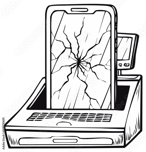 Broken mobile phone display with severe cracks inserted into computer hardware slot concept illustration