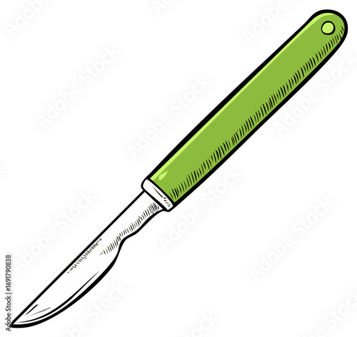 Single-Bladed Surgical Scalpel with Green Handle, Angled Sharp Blade, Medical Tool