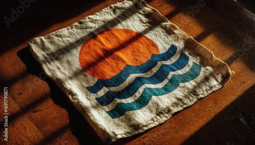 Natural linen cloth with sun and waves design