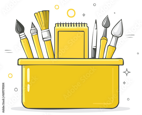 Yellow art supply caddy with brushes, pens, and notebook in doodle cartoon style