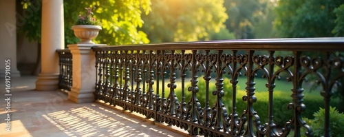 Wallpaper Mural Elegant wrought iron railing, intricate details, ornate design, sunlit garden backdrop Perfect for architectural, home decor, and luxury lifestyle projects , landscaping, pattern, shadow Torontodigital.ca