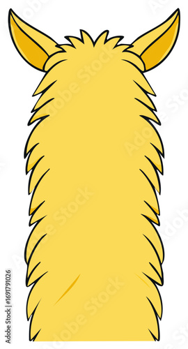 Stylized cartoon illustration of a fluffy yellow llama's head and long neck with pointy ears.