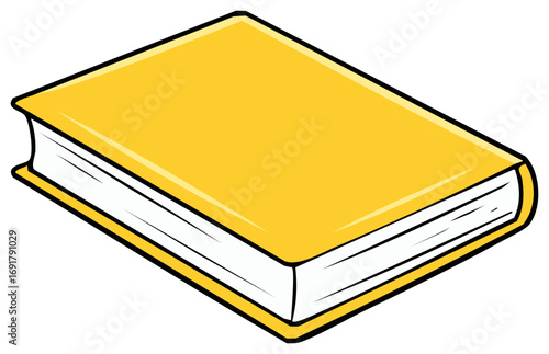 Illustration of a closed yellow hardcover book with white pages and black outline
