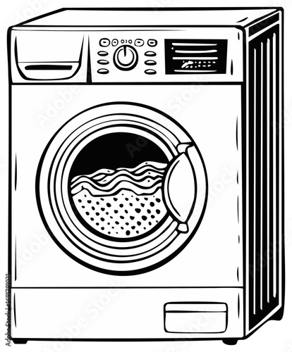 Front view black and white illustration of a modern washing machine with a transparent door and clothes inside
