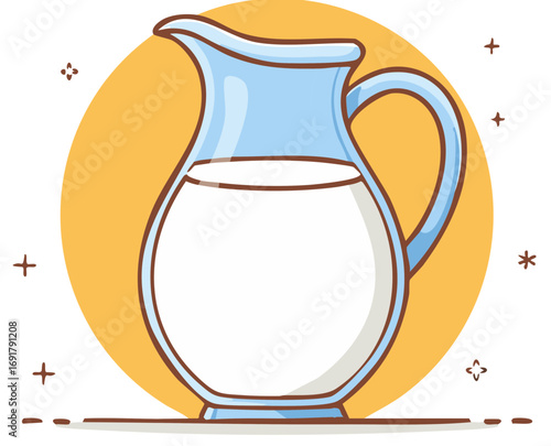 Glass pitcher of fresh milk in a cute cartoon style with sparkling details