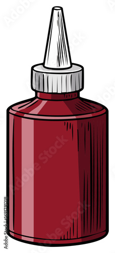 Illustration of a squeeze bottle with a long nozzle filled with burgundy colored liquid