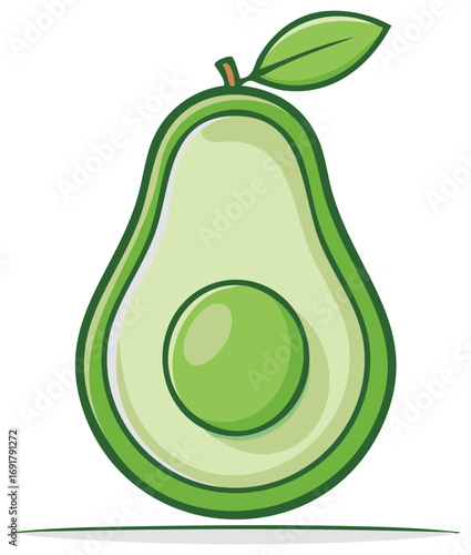 Vibrant illustration of a halved avocado with a large seed and a single leaf