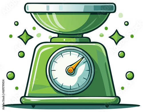 Cartoon Green Kitchen Scale with Bowl Illustration Weighing Device Cartoon Measurement Tool