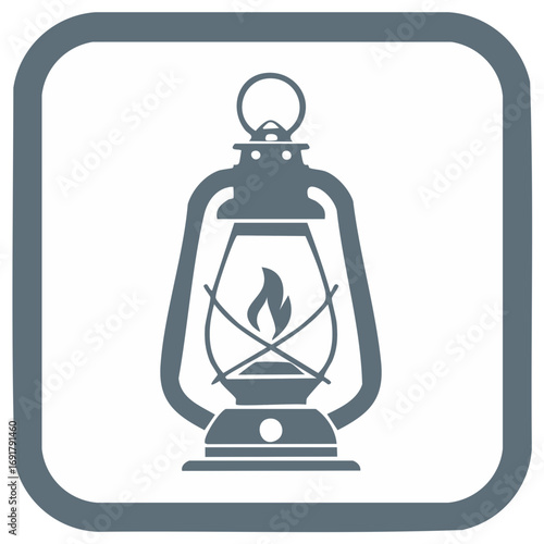 Icon depicting a kerosene lamp with flame inside, vintage lantern drawing inside a rounded square