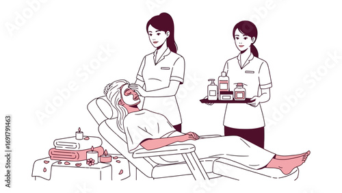 Elegant woman applying makeup with brushes and cosmetics on a tray a stylish beauty routine illustration