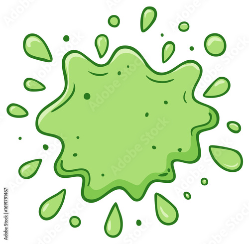 Bright green slime splat cartoon illustration with splashing liquid drops