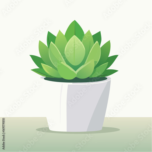 Potted green succulent plant with geometric leaves in a white pot on a light green surface, vector illustration