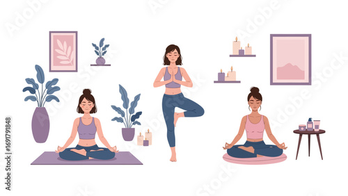 Serene woman in lotus pose meditating with essential oil bottles and candles for aromatherapy and self care