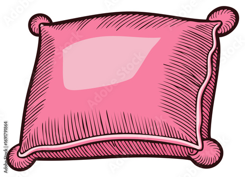 Comfortable soft pink square pillow with decorative pompom corners detailed illustration