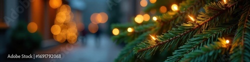 Warm glowing lights entwined in fragrant pine boughs, holiday scene , evergreen, illumination, festive