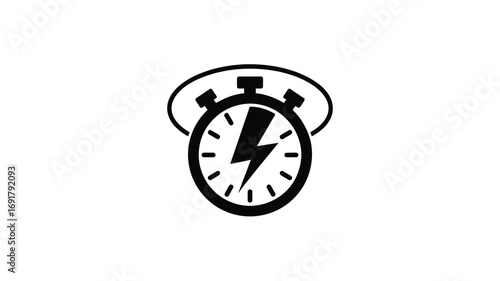 A black and white illustration of a stopwatch with a lightning bolt in the center and a ring around it