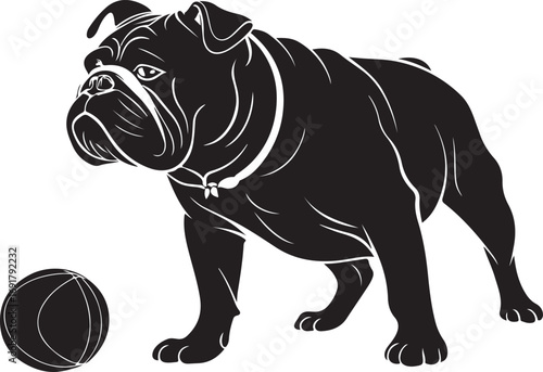 Black silhouette of an English Bulldog with a ball on white background animal