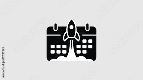 Black and white graphic of a calendar with a rocket launching from it on a light gray background