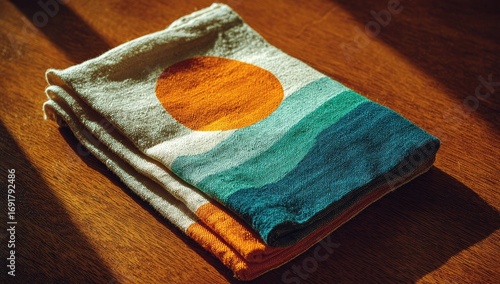 Folded linen cloth napkin with vibrant sun and waves design