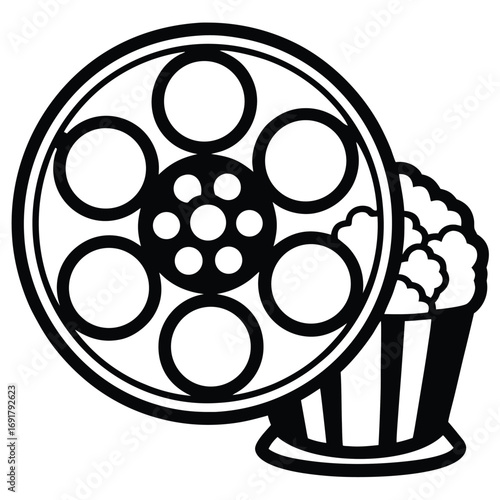 Black and White Icon of Film Reel and Popcorn Bucket on White Background movie cinema
