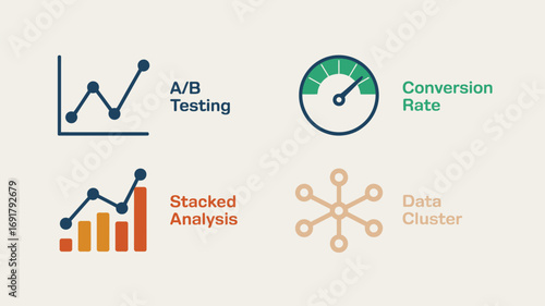 Illustration of a b testing graph, stacked analysis chart, conversion rate meter, and data cluster icon