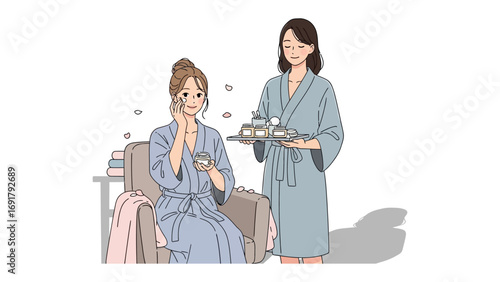Stylist with hairdryer and comb standing behind client wearing cape in salon with spray bottle and scissors on table
