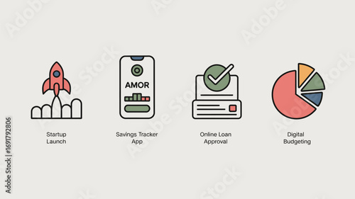 Four financial icons depicting startup launch, savings tracker app, online loan approval, and budgeting
