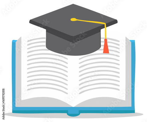 Mortarboard graduation hat with a tassel on an open book representing knowledge and academic success