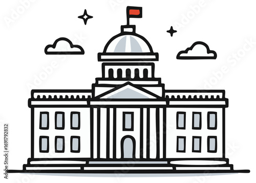 Stylized illustration of a grand government building with a dome and flag