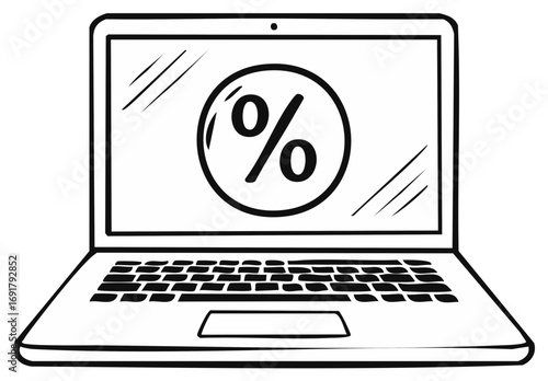 Laptop screen displays a large percentage symbol inside a circle creating a discount or sale concept
