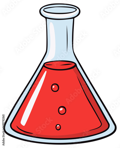 Cartoon Erlenmeyer Flask with Red Liquid and Bubbles