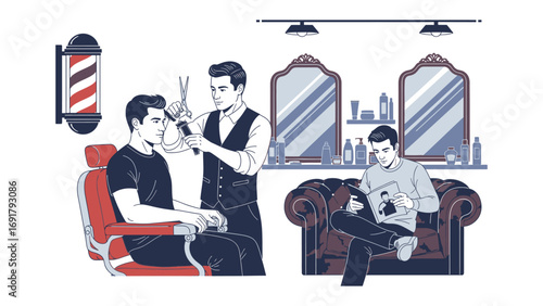 A friendly female hairdresser skillfully cuts and styles a young woman s long dark hair in a bright modern salon setting with tools floating around