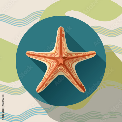 Illustrated Starfish on a Teal Circle with Abstract Beach Waves and Shadows