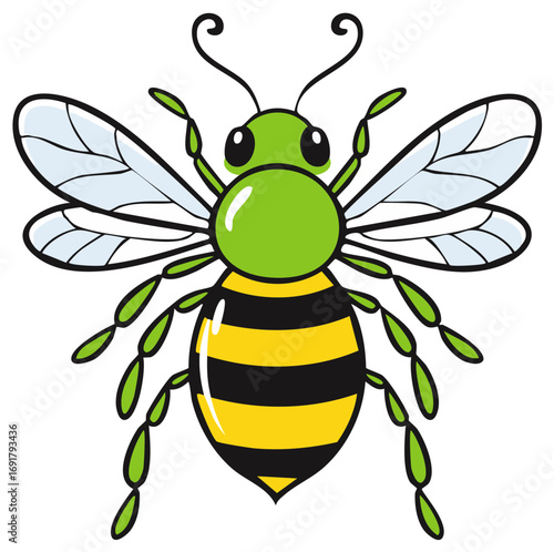 Cartoon bumblebee illustration with green head and yellow and black striped abdomen for children's book designs