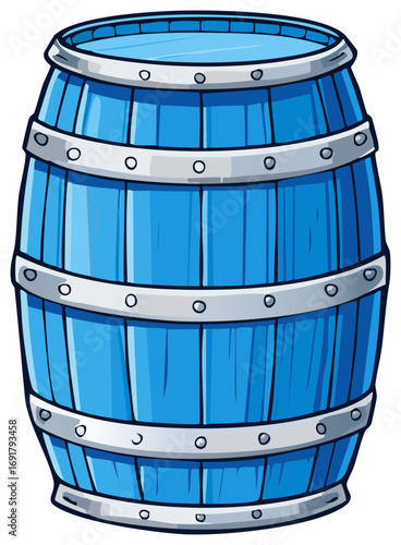 Cartoon of a blue wooden barrel cask, bound by metal rings, for storing liquids, a rustic container, full of fantasy.