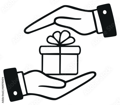 Two hands cradling a gift box with a bow, symbolic of giving and receiving gifts.