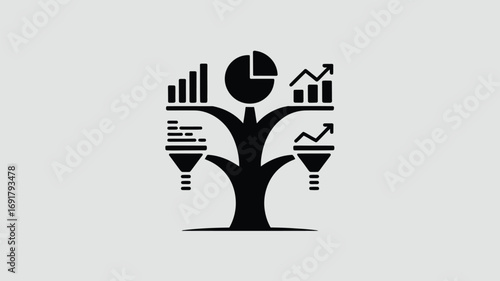 A stylized tree with data analysis and statistics icons, representing growth and information processing
