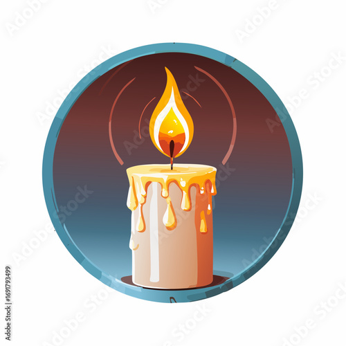 A beautifully illustrated burning candle with melting wax, radiating a gentle, warm glow, symbolizing peace and serene ambiance for relaxation and contemplation