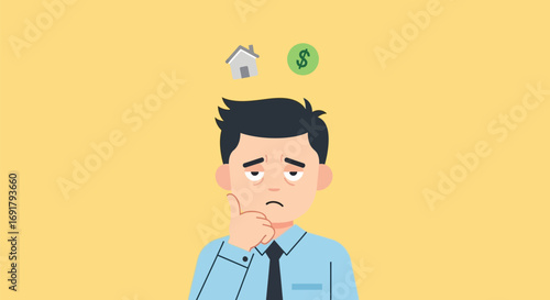 Cartoon Man Contemplating Home and Finances on Yellow Background