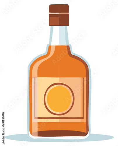 Illustration of an amber colored bottle of liquor with a round label and cap.