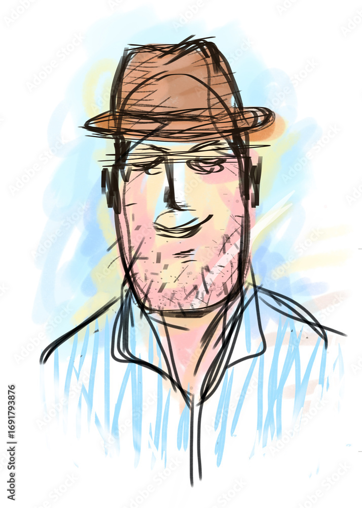 Obraz premium Man in a cowboy hat digital hand drawn illustration a happy and smiling gentleman.