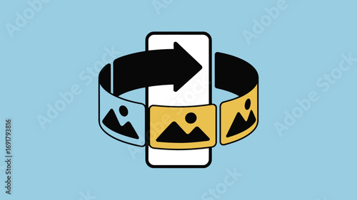 Illustration of a smartphone with a black arrow and multiple images surrounding it on a blue background