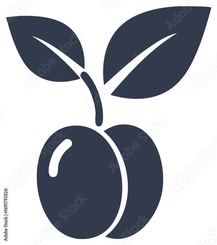 Simple dark blue icon of two plums with leaves